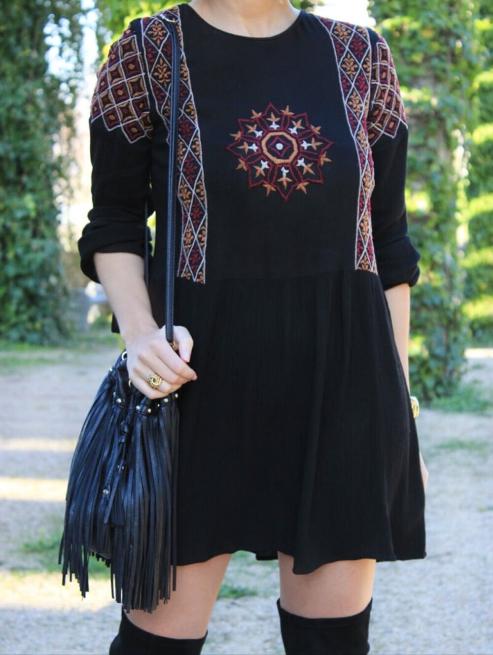 Zara Black Mini Dress with Geometric Embroidery Sz S